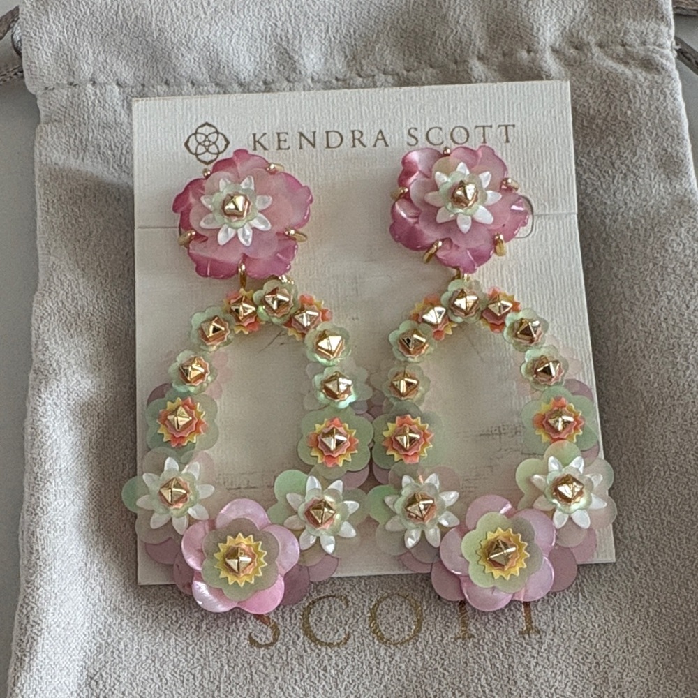 Kendra Scott Pink and Mint Floral Hoop Drop Earrings